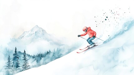 A skier in a red jacket gracefully descends a snowy slope surrounded by mountains and trees, captured in a watercolor style.