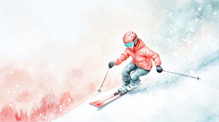 A skier descends a snowy slope, wearing a bright orange jacket and goggles, surrounded by a misty, wintery landscape.