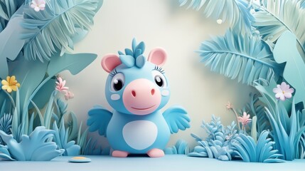 A cheerful cartoon creature stands among stylized floral foliage
