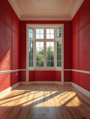 Obraz premium Spacious empty room with red walls, wooden floor, and large window letting in natural sunlight. Classic interior with elegant molding and vintage aesthetic, ideal for backgrounds 