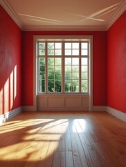 Obraz premium Spacious empty room with red walls, wooden floor, and large window letting in natural sunlight. Classic interior with elegant molding and vintage aesthetic, ideal for backgrounds 