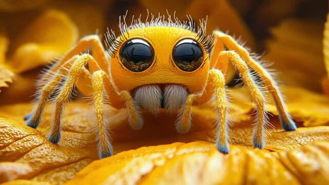 Cute yellow spider on a flower. Close-up photo. Possible use for kids products