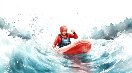 A person in red gear navigates turbulent waters on a kayak, exhibiting excitement and adventure in a vibrant, dynamic scene.