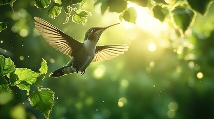 Obraz premium A female Ruby-throated Hummingbird in flight with spread wings, against a green bokeh background, ideal for text