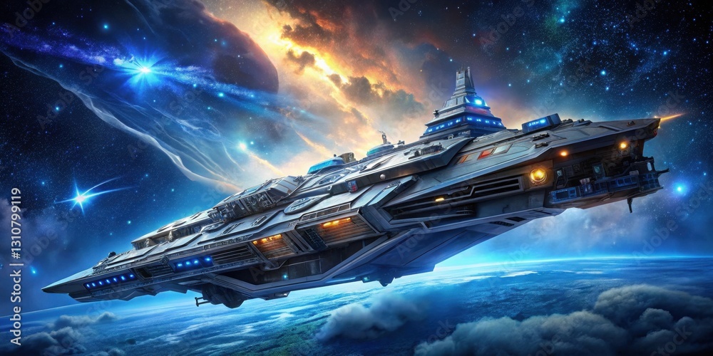 Wall mural a futuristic spaceship soars above a cloudy planet, navigating a vivid nebula filled with sparkling 