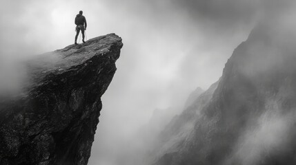 Lead climber on an overhanging cliff, silhouette against a cloudy mountain backdrop