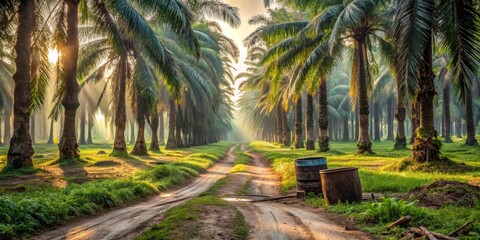 Obraz premium Serene Sunrise Path Through Lush Palm Grove with Rustic Barrels