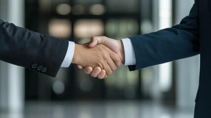 close up of two business professionals shaking hands in formal setting, symbolizing partnership and trust