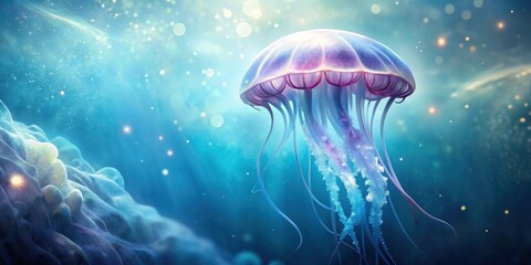 An ethereal jellyfish gracefully drifts through a luminous underwater realm, its bell shimmering with an otherworldly glow, surrounded by bioluminescent particles and a fantastical seascape.