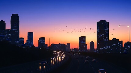 Fototapeta premium A city skyline at sunset with traffic and birds flying in the sky.