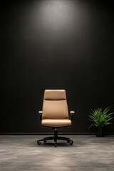 single beige office chair in dark, empty boardroom with potted plant on side