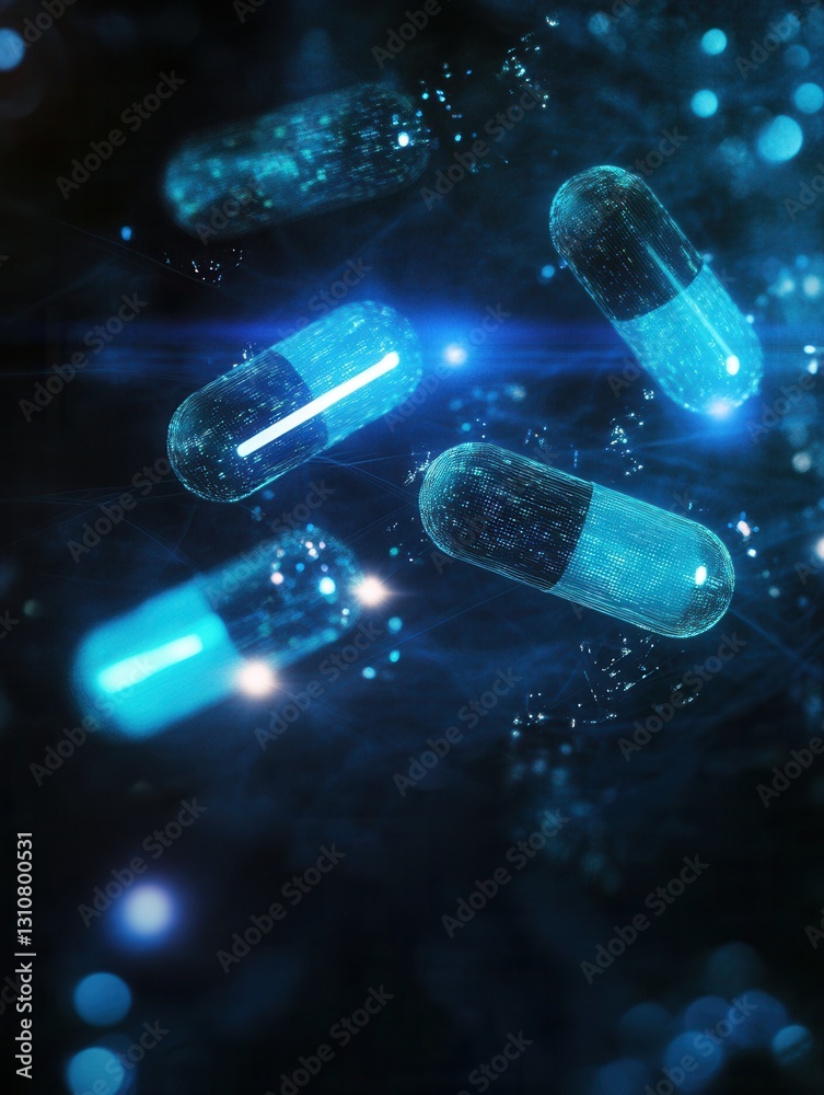 Poster Glowing capsules in dark environment create a futuristic and abstract medical design with blue light effects