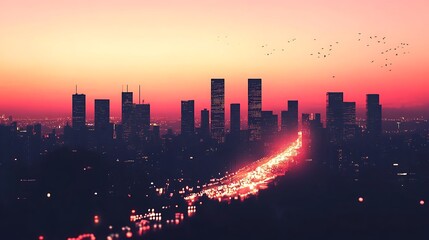 Obraz premium A vibrant city skyline at sunset with traffic and birds in the sky.