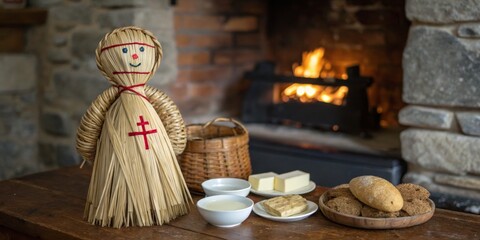 Homemade straw doll beside traditional food items and a warm fireplace in a rustic setting