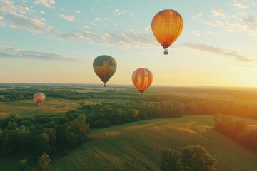 Obraz premium A serene aerial view of colorful hot air balloons soaring over lush green fields at sunset.