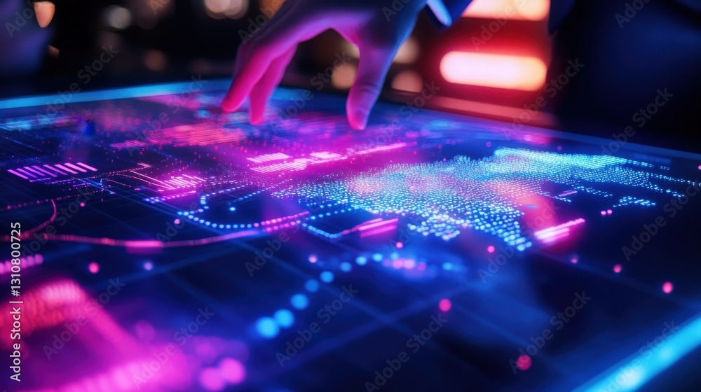 Poster hand interacting with a futuristic touchscreen displaying a world map filled with data points and an