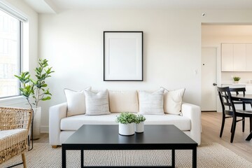 Stylish living room featuring a white couch and a sleek black coffee table in a contemporary setting
