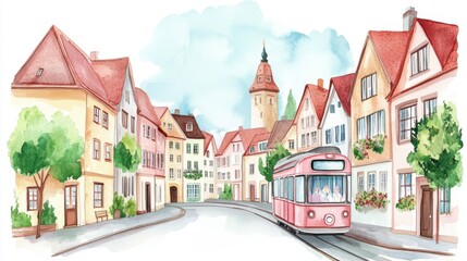 A charming watercolor depiction of a quaint street with colorful houses and a vintage tram, evoking a serene, nostalgic atmosphere.