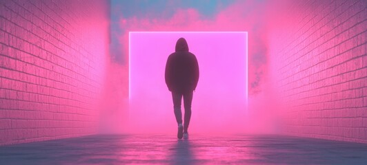 hooded figure walking through neon lit corridor with glowing pink light and mist