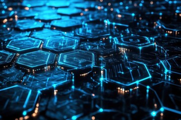 Fototapeta premium abstract digital landscape with interlocking hexagonal circuits in electric blue and cyan, pulsing with data streams and connection points against a midnight background with depth