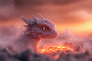 Obraz premium majestic baby dragon with glowing scales emerges from fiery volcanic terrain at sunset