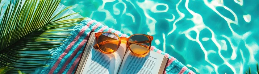 A relaxing scene featuring sunglasses and a book on a colorful towel by a shimmering swimming pool.
