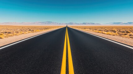 Fototapeta premium A straight, empty road stretches into the distance, flanked by arid landscapes under a clear blue sky.