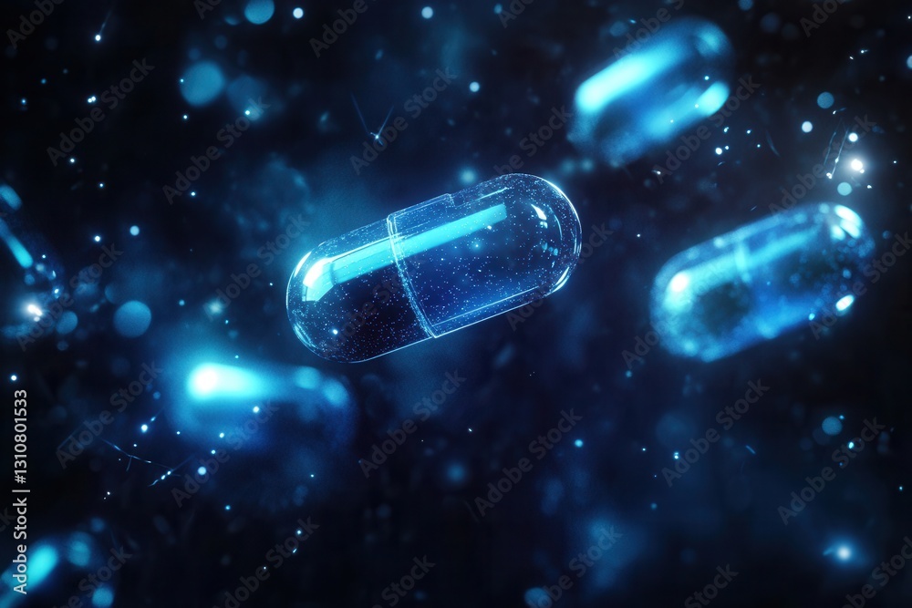 Poster glowing blue capsules emit soft light in a dark environment, creating a captivating digital futurist