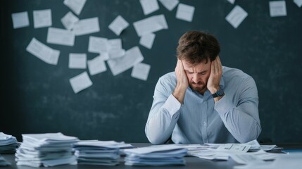 stressed business owner sits at desk cluttered with paperwork, overwhelmed by financial challenges