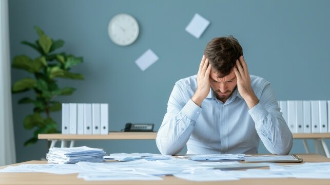 stressed businessman sits at desk cluttered with paperwork, overwhelmed by financial challenges - Powered by Adobe