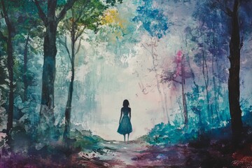 Fototapeta premium Mysterious Figure in a Serene Forest with Colorful Atmosphere