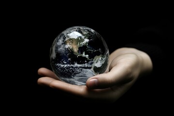 Hand Holding Glass Globe with Earth and Ocean Realistic Details