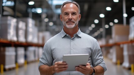 A professional man stands in a warehouse, holding a tablet, surrounded by shelves of products and bright overhead lighting.