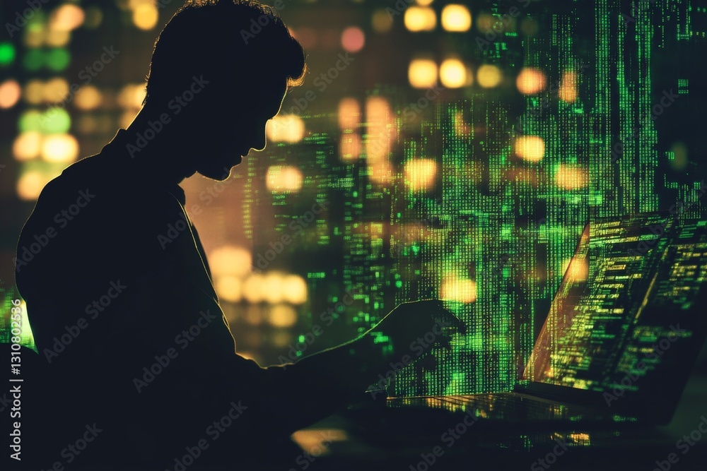 Poster silhouette of a hacker typing on a laptop surrounded by digital code and matrix graphics