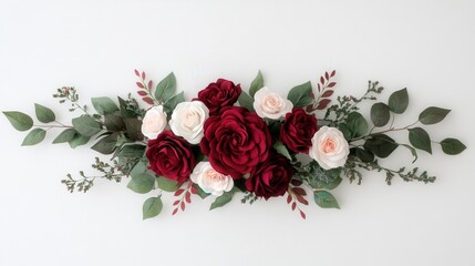 A beautiful arrangement of red and white roses with green leaves, perfect for decoration or as a centerpiece. © watcharee