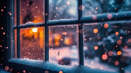 Snow-covered window with warm indoor lights blurred in the background. Perfect for winter, holiday, or cozy home themes.