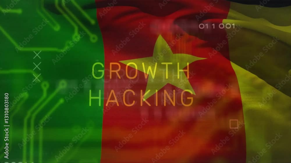 Poster Cameroon flag with digital circuit patterns and text about growth hacking animation
