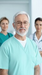 Senior male doctor in scrubs standing confidently with two female medical professionals in background