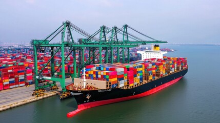 A large cargo ship is docked at a port, surrounded by colorful shipping containers and cranes, highlighting global trade and logistics.
