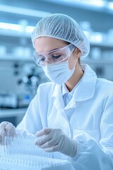 Fototapeta premium healthcare professional wearing protective gear examines test tubes in laboratory setting