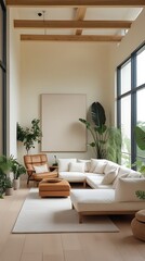Fototapeta premium Modern minimalist living room with natural light, featuring a white sectional sofa, wooden beams, indoor plants, and large windows creating a serene and cozy atmosphere