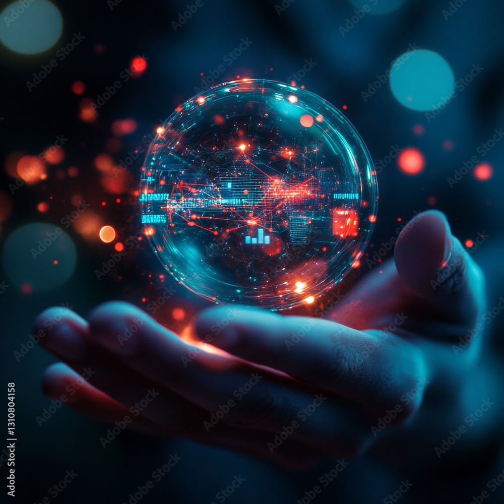 Poster hand holding a transparent globe with digital data visualization in a colorful bokeh background