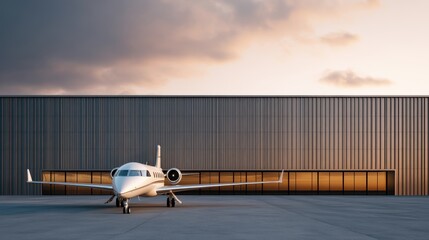 A sleek private jet is parked in front of a modern hangar at sunset, showcasing a blend of luxury and aviation aesthetics.