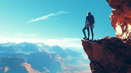 Woman on an overhang, lead climbing with rope, silhouetted against a beautiful mountain landscape