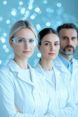 Fototapeta premium Scientists in white lab coats standing confidently in laboratory with bright, futuristic background