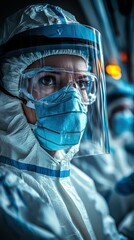 Healthcare worker in full PPE, including face shield, mask, and goggles, focused and determined
