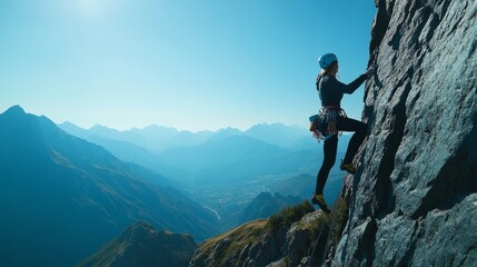 Woman on an overhang, lead climbing with rope, silhouetted against a beautiful mountain landscape