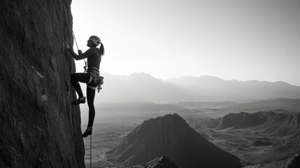 Woman on an overhang, lead climbing with rope, silhouetted against a beautiful mountain landscape