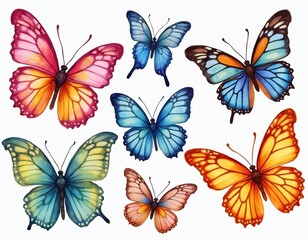 Obraz premium Colorful watercolor aquarelle butterfly set on white background. Visual design collection of butterfly. Fly insect, animal beauty with wing summer spring. Art pattern, icon design.