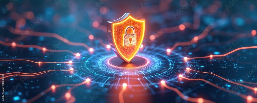 Aufkleber Digital shield with padlock protects data within network. Interconnected nodes glow, modern technology secures cyberspace. Safe datum privacy abstract concept, innovation defends encryption,